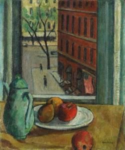 Still Life With Fruit With View Of Street From Window by Samuel Halpert