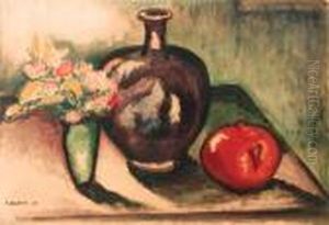 A Still Life With Flowers, An Apple And A Vase
