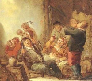 Boors drinking and smoking in a barn