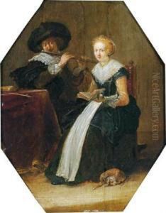Giovane Coppia Intenta Alla Musica Con Un Cagnolino by Dirck Hals