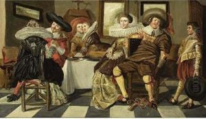 An Elegant Company Dining In An Interior by Dirck Hals