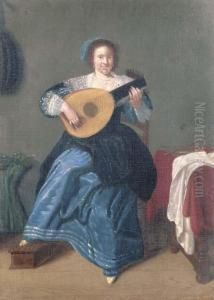 An Elegant Woman Playing The Lute In An Interior by Dirck Hals