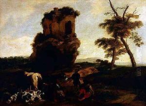 A Landscape with travellers resting near an Inn by Michelangelo Cerquozzi