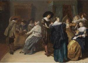 An Elegant Company Making Music And Playing Tric Trac In An Interior by Dirck Hals