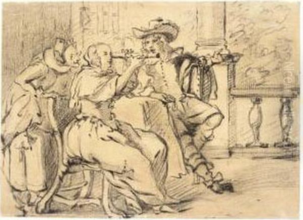 An Elegant Couple Seated On A 
Terrace, The Woman Looking Through A Telescope, An Old Woman Standing 
Behind - view 1