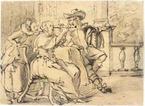 An Elegant Couple Seated On A
Terrace, The Woman Looking Through A Telescope, An Old Woman Standing
Behind by Dirck Hals