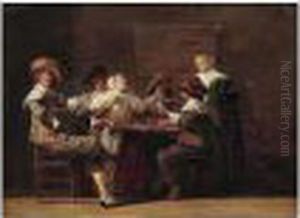 Merry Company Playing Cards In An Interior by Dirck Hals