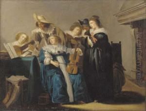 An Elegant Company Making Music In An Interior by Dirck Hals