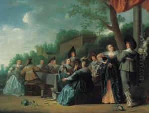 Elegant Company Feasting In An Ornamental Garden, A Palacebeyond by Dirck Hals