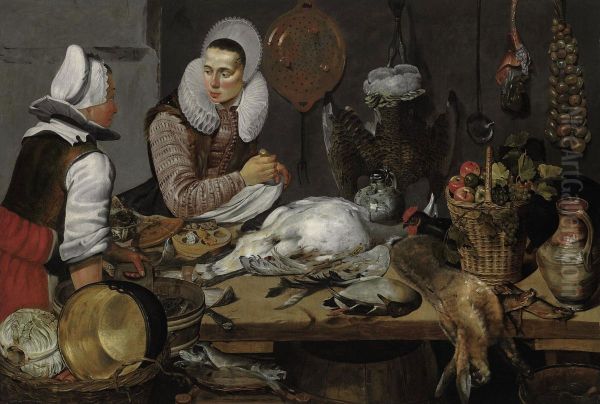A Kitchen Interior With A Maid And A Lady Preparing Game - view 1