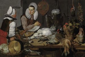 A Kitchen Interior With A Maid And A Lady Preparing Game by Frans Hals