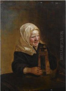 A Young Girl Sitting At A Table, Holding A Beer Mug by Frans Hals