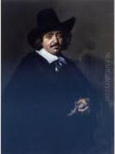 Portrait Of A Gentleman,
Three-quarter Length, In A Black Coat And Cape With A Black Hat, Holding
Gloves by Frans Hals