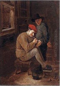 A Peasant Interior With A Man Lighting A Clay Pipe, Another Figure Standing Beside Him