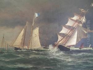Coastal Storm Withships And A Tug Off by William Formby Halsall
