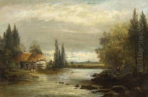 River Landscape With Cottage And Figures - view 1