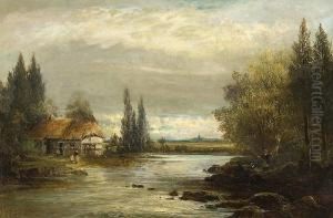 River Landscape With Cottage And Figures