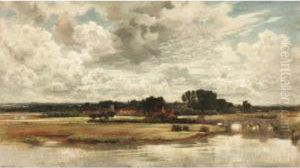 An Extensive River Landscape With A Village Beyond by Keeley Halswelle