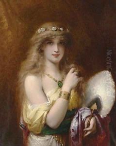 A Young Beauty holding a Fan by Pierre Oliver Joseph Coomans