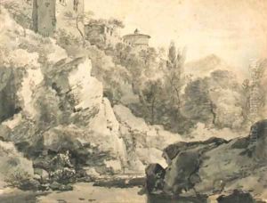 Italianate buildings on a rocky rise by a river, hills beyond by Adrian van der Cabel
