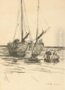 Fischerboot Am Strand by Wilhelm Hambutchen