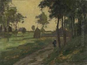Sommerlandschaft Mit Gehoft, Garben Und Bauerin Sommerlandschaft Mit Gehoft, Garben Und Bauerin