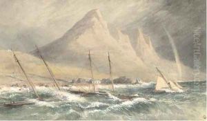 Racing schooners anchored inshore and riding out the gale off the Irish coast, possibly Co. Down by John Callow