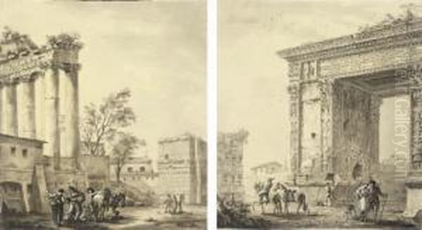 Figures Before The Arch Of
Septimius Severus, The Forum, Rome; And Figures By The Temple Of Saturn,
The Forum, Rome - view 1
