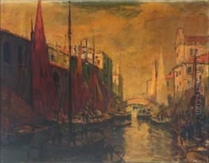Blick Auf Einen Kanal Mit Booten Einer Wohl Italienischen Stadt by Otto Hammel