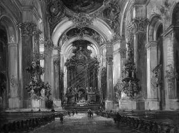 "blick In Die Abteikirche Ottobeuren". Sign. Ol Auf Lwd. 61 X 81 Cm. Rahmen - view 1