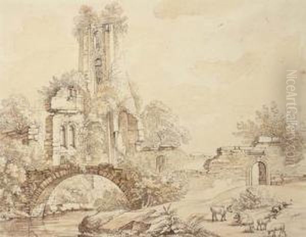 A Ruined Tower By A Bridge, A Herdsman Asleep In The Foreground - view 1
