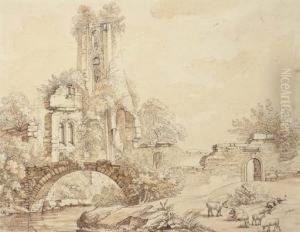 A Ruined Tower By A Bridge, A Herdsman Asleep In The Foreground by Christian Gottlob Hammer