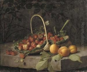 A Basket Of Strawberries And Peaches On A Stone Ledge by William Hammer