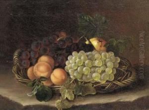 Still Life Of Grapes, Peaches And An Apple In A Wicker Basket Still Life Of Grapes, Peaches And An Apple In A Wicker Basket