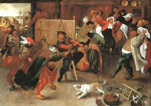 Peasants singing, dancing and drinking in an interior by Marten Van Cleve