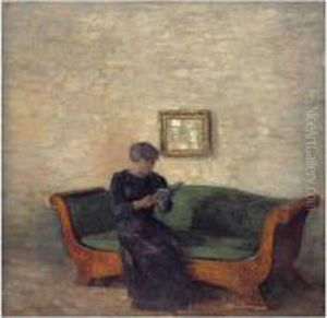 Stue. Pa En Birketraessofa Med
Gront Betraek Sidder En Sortklaedt Dame (interior With Lady Seated On A
Birchtree Sofa) by Vilhelm Hammershoi