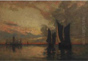 Sailing Vessels At Sunset, Bay Of Fundy