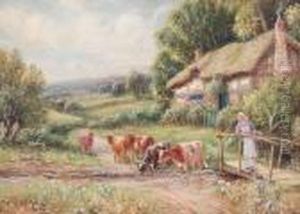 Cattle Watering Before A Cottage by Robert John Hammond