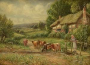 Cattle Watering By A Thatched Cottage by Robert John Hammond