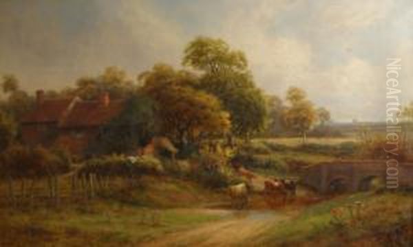 Cattle Watering By Bridge And Cottage - view 1