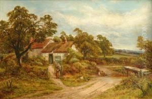 Children Playing By A Stream Near A Cottage