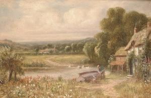A Figure Repairing A Boat Before A Riverside Cottage