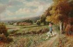 Country Landscapes, Thought To 
Be A View In Warwickshire With Girl Tending Geese And A View In 
Haslemere, Surrey, With Children Playing By A Pond