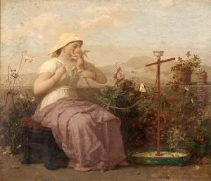 Woman In A Garden Playingwith Small Cherub Chained To A Feeder/post