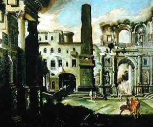 Town Scene in Italy with Ancient Ruins