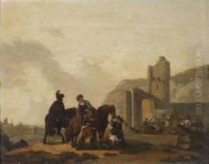 Une Halte De Cavaliers Devant Un Chateau En Ruines by Michel Hamon-Duplessis