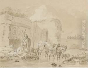 Shepherds Watering Their Animals By A Ruined Bridge, A Horse And Cart Seen Beyond