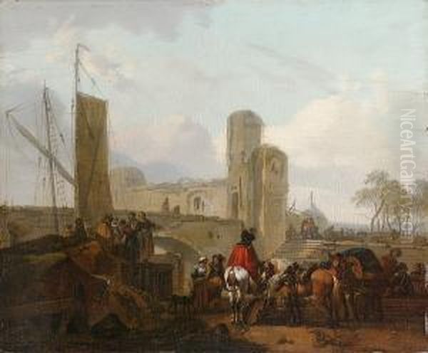 Travellers Feeding Their Horses 
While Stevedores Unload A Barge Beneath A Ruined Castle Beyond - view 1