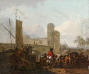 Travellers Feeding Their Horses 
While Stevedores Unload A Barge Beneath A Ruined Castle Beyond