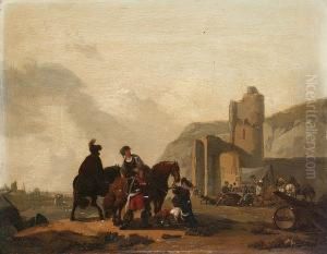 Travellers Approaching A Military Encampment Beside A Ruined Castle